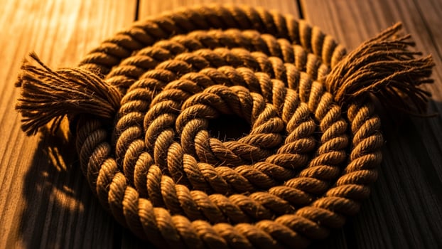 A rope with a tassel on top of a wooden table photo