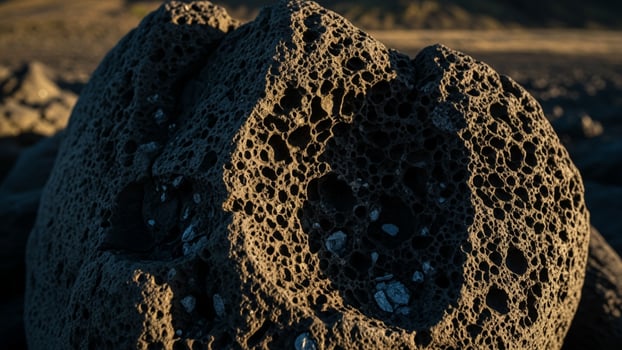 A rock with holes in it sitting on the ground photo