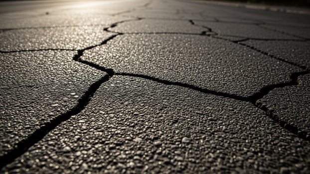 A cracked asphalt road with a sun shining in the background photo