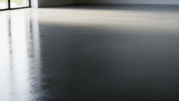 A black floor with a white wall and large windows photo