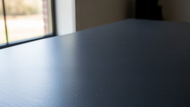 A table with a black surface in front of a window photo
