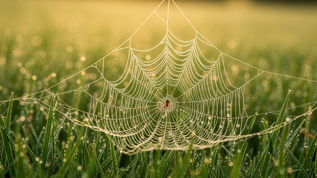 A spider web in a field of grass photo