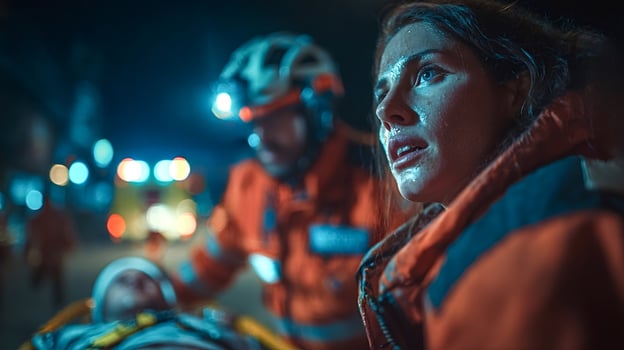 Paramedics carrying injured person on stretcher at night photo