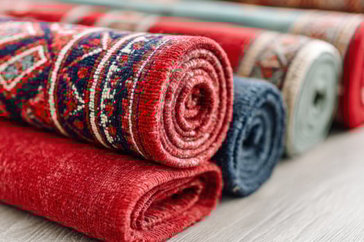 Rolled oriental carpets showing intricate patterns lying on wooden floor photo