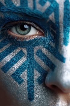 Model showing futuristic neon tribal makeup around eye photo