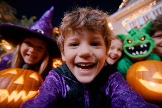 A group of children in costumes, smiling widely, holds carved pumpkins. One wears a purple witch hat, another a green monster costume, with festive lights in the background. photo