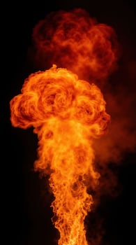 Huge fiery explosion with rising smoke on black background photo