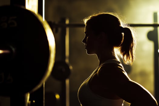 A woman is standing in front of a barbell photo