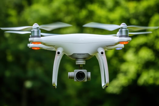 A white drone flying over a green field photo