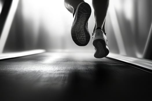 Black and white photo of a person running on a treadmill