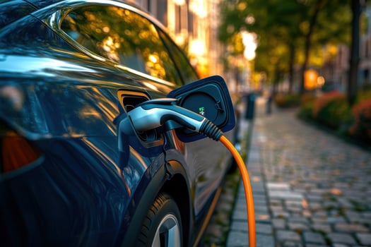 An electric car is plugged into an electric charger photo