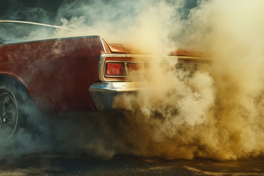 A red car is driving through smoke photo