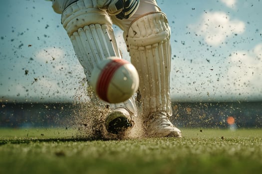 A close up of a cricket player's foot hitting the ball photo