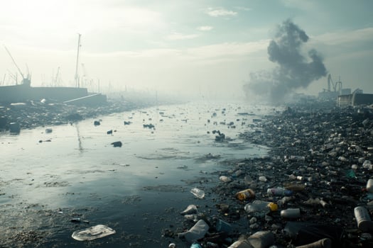 A river with garbage and debris floating in it photo