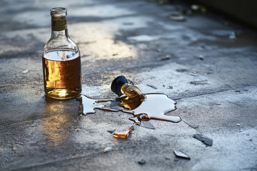 A bottle of alcohol and a broken bottle on the ground photo