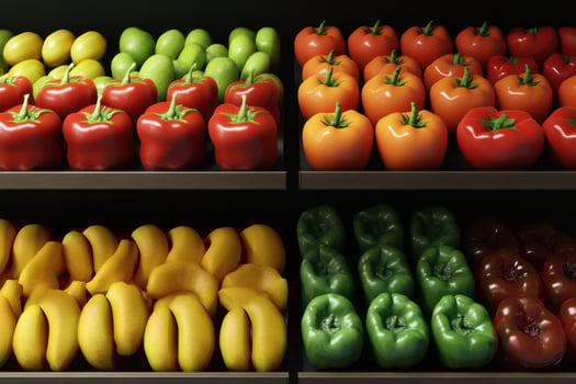 A shelf full of peppers and tomatoes photo