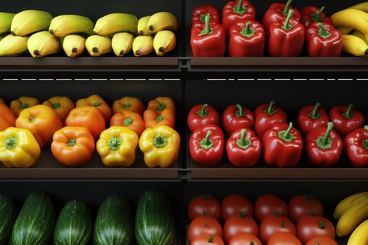 A variety of fruits and vegetables are displayed on shelves photo