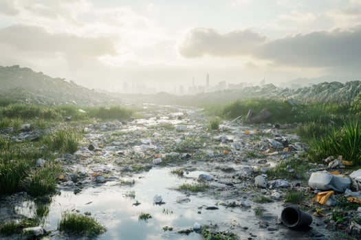 A dirty river with garbage and trash in the foreground photo