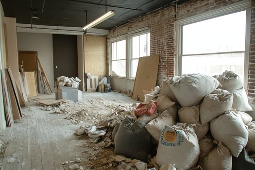 A room with a lot of rubble and a lot of bags photo