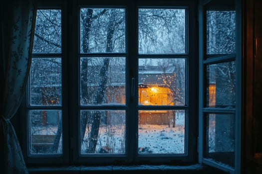 A window with curtains and snow outside photo