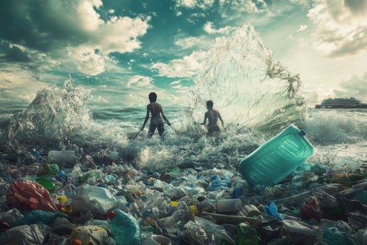 Two people standing in the ocean with plastic bottles photo