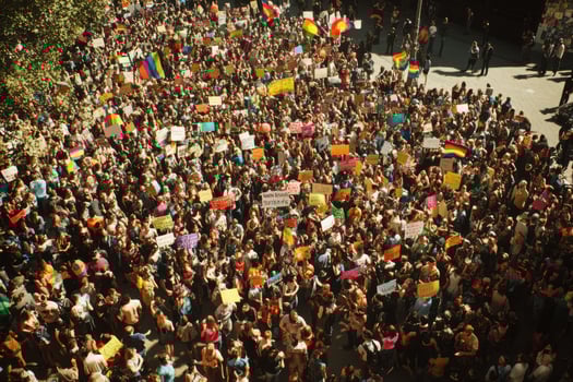 A large crowd of people holding signs and flags photo