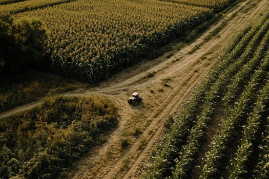 An aerial view of a farm with a tractor photo