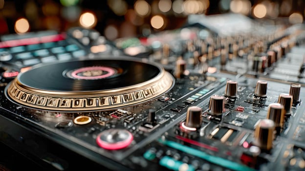 A dj mixer is shown with a gold and black design photo