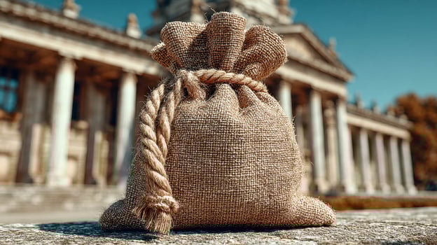 A bag of jute is sitting on the ground in front of a building photo