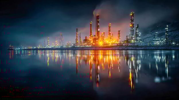 Industrial facility at night with reflections photo