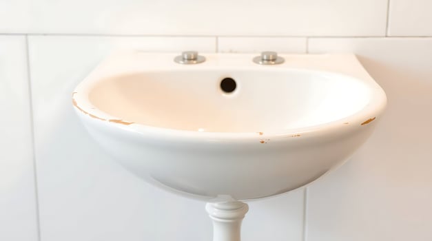 Closeup of a white washbasin in a public toilet. photo