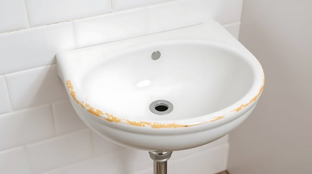 White washbasin with dirty stain in bathroom, close up view. photo