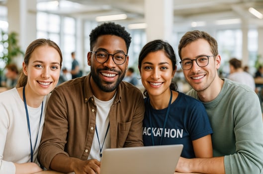 Hackathon Diversity Interracial Group of Four Smiling Young Adults at Event Collaborating on Laptop in Modern Office Setting photo