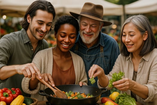 Interracial Group Cooking Together at Outdoor Farmers Market photo
