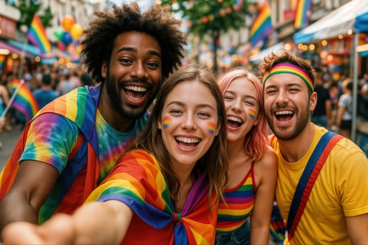 Interracial Group Celebrating at Pride Festival Outdoors Taking Joyful Selfie with Rainbow Flags photo