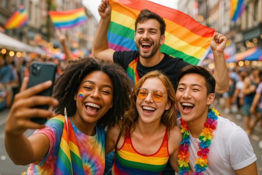 LGBTQ Plus Pride Celebration with Diverse Friends Taking Selfie in Urban Street Festival Setting photo