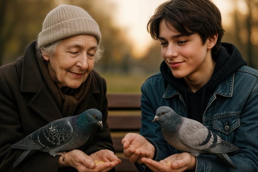 Intergenerational Bonding as Elderly Woman and Young Man Feed Pigeons on Park Bench at Sunset photo