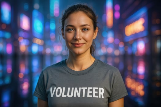 Young Woman Volunteer at Virtual Neon Charity Event in Urban Setting with Colorful Lights and Optimistic Atmosphere photo