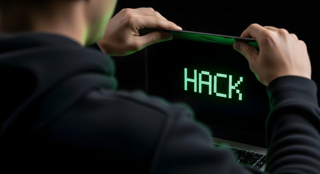 A person is using a laptop with the word hack on it photo