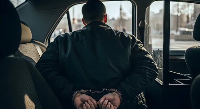 A man sitting in the back seat of a car with his hands behind his back photo