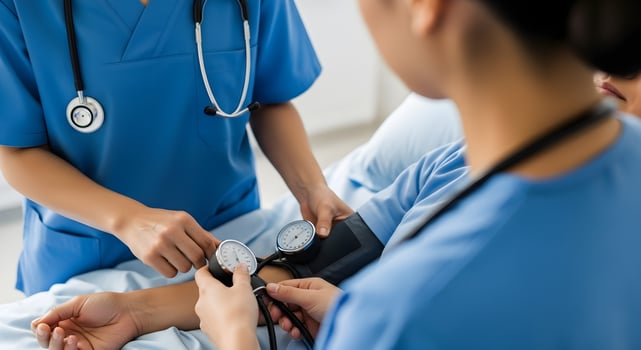 A nurse checking the blood pressure of a patient photo