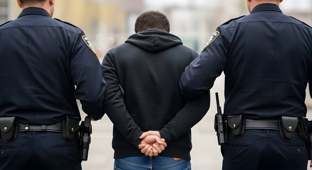 A man in a hoodie is being held by two police officers photo