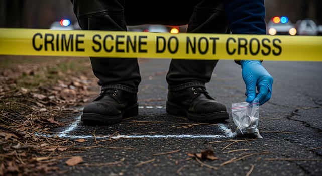 A person in blue gloves is holding a bag of evidence photo