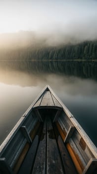 Wooden boat glides on misty lake at sunrise photo