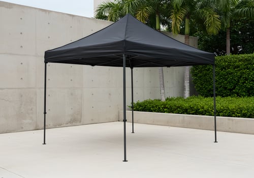 Mockup on Black Outdoor Canopy Tent in a Modern Garden Setting photo