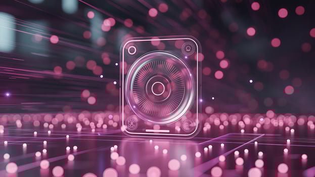 Futuristic hard drive with glowing pink data streams and circuitry photo
