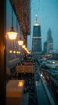 Cozy rainy evening city view through a window photo