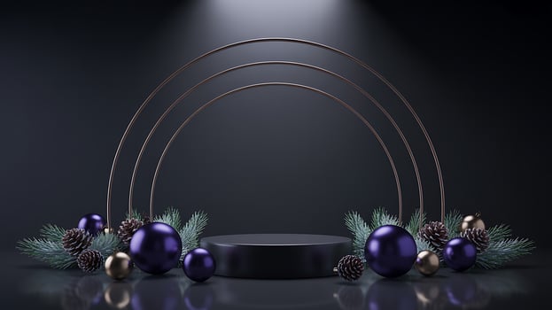 Elegant dark podium with festive ornaments and spotlight photo
