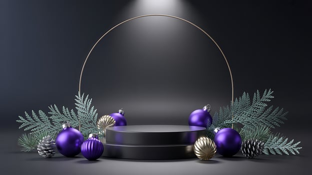 Elegant christmas product display with festive ornaments and pine branches photo