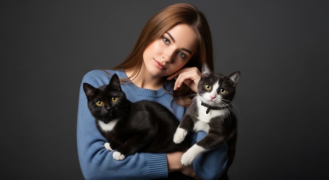 Beautiful young woman with two cats on a dark background photo